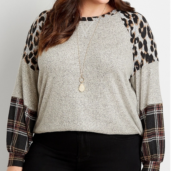 Maurices 24/7 Leopard Plaid Color block Blouson Sleeve Baseball Tee Size Small - Picture 1 of 11